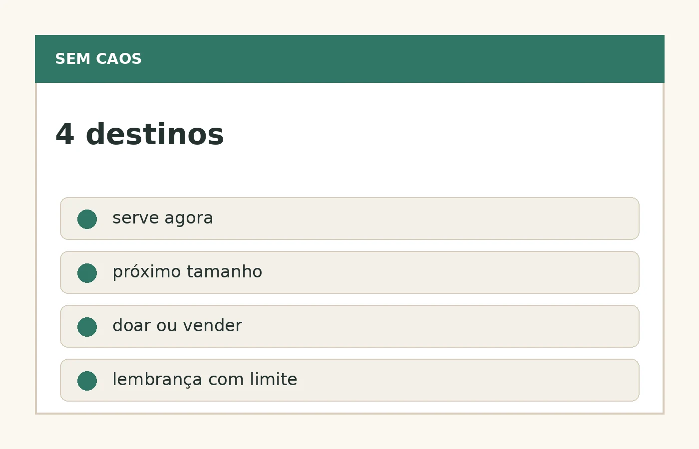 Mapa de quatro destinos para roupas infantis: serve agora, próximo tamanho, doar e lembrança.