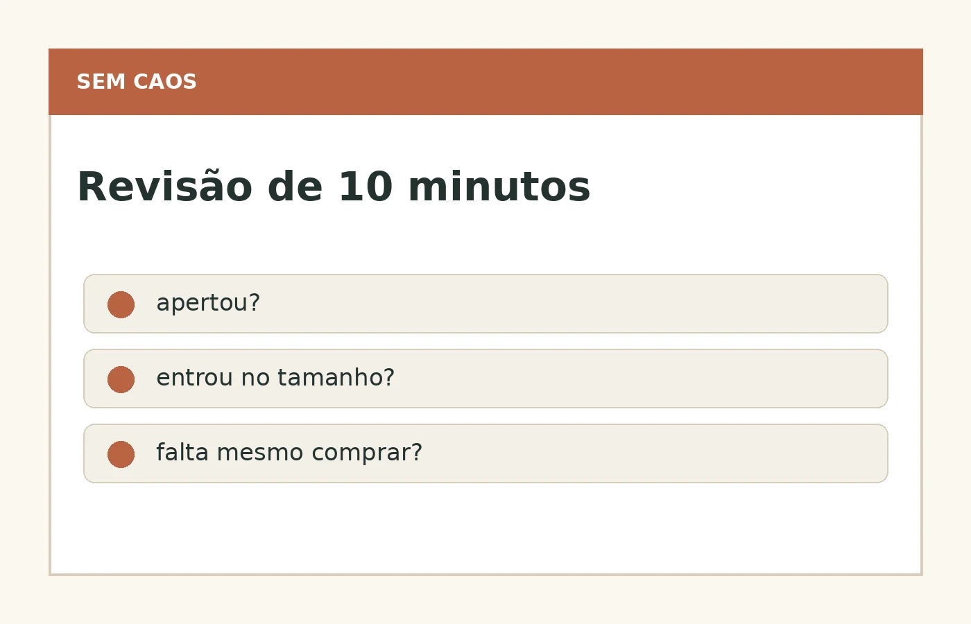 Checklist de revisão mensal do armário infantil para evitar peça perdida e compra repetida.