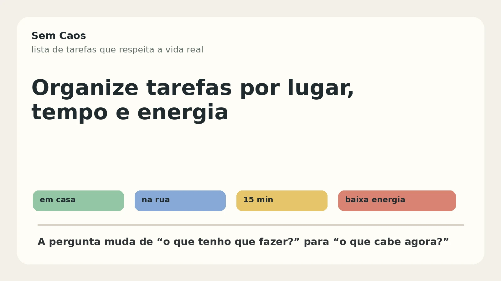 Capa com etiquetas de tarefas por lugar, tempo e energia.